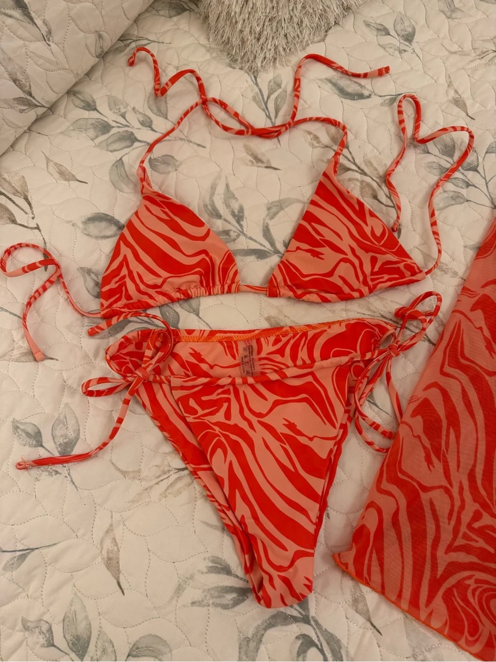 coral Swirl Mesh Bikini Top & Matching Skirt Set